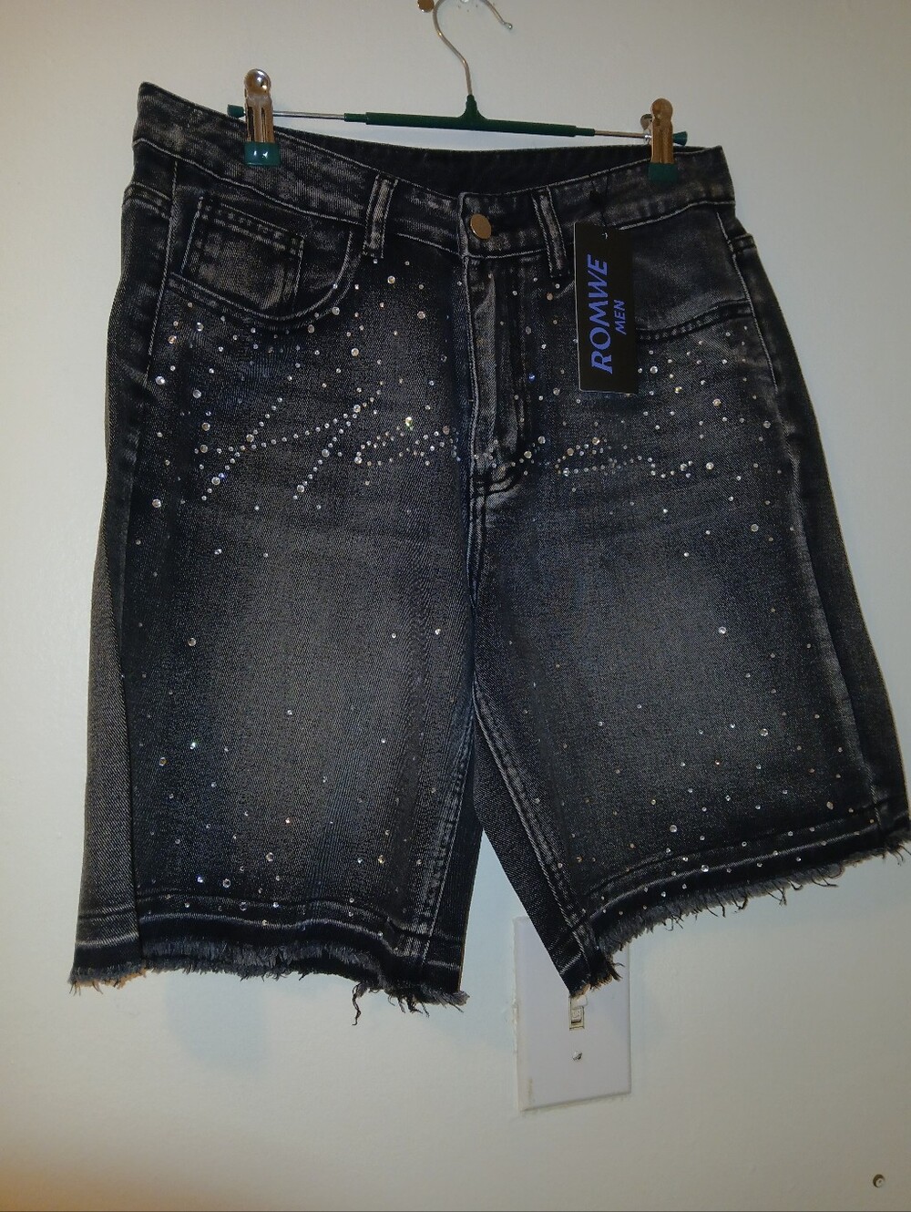 ROMWE Black Rhinestone-Embellished Denim Bermuda Shorts